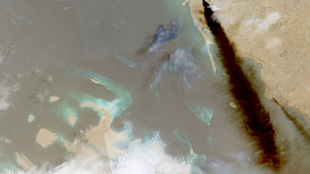 FILE PHOTO: A composite satellite image shows trail of smoke rising from an oil facility, in Jizan, Jazan province, Saudi Arabia, July 26, 2026. European Union/Copernicus Sentinel-2/Handout via REUTERS/File Photo