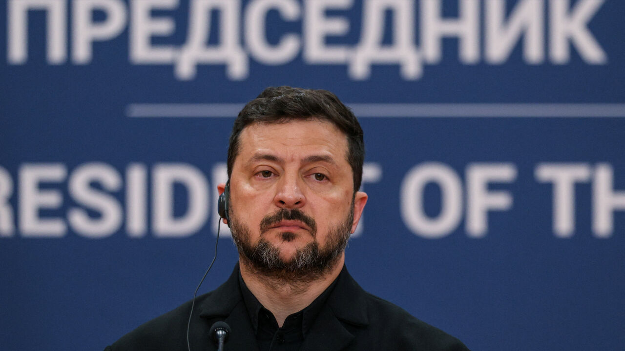Ukrainian President Volodymyr Zelenskiy attends a press conference with Serbian President Aleksandar Vucic (not pictured) during his visit to Belgrade, Serbia, August 8, 2026. REUTERS/Marko Djurica