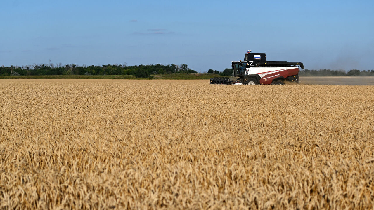 A combine harvests wheat in a field in the Rostov Region, Russia July 18, 2026. REUTERS/Sergey Pivovarov