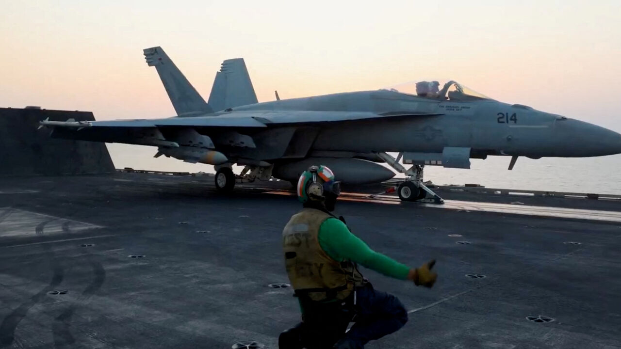 FILE PHOTO: A fighter plane takes off, said to be, for an operation against the Yemen's Houthis at an unidentified location in this screengrab taken from a handout video released on March 18, 2025. US CENTCOM via X/Handout via REUTERS/File Photo