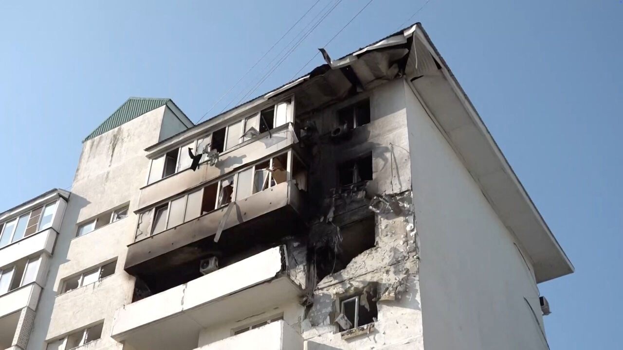 A damaged apartment building following an overnight attack, what local authorities called a Ukrainian drone strike, in the course of the Russia-Ukraine conflict in Novorossiysk, Russia, in this still image taken from video released on August 12, 2026.  Operations Headquarters of Krasnodar Region/Handout via REUTERS