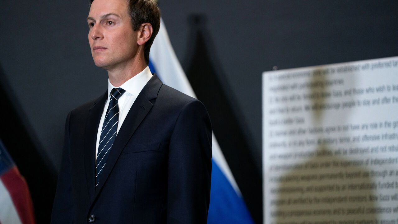 Jared Kushner listens as U.S. Vice President JD Vance speaks during a press conference following a military briefing at the Civilian Military Coordination Center in southern Israel on Tuesday, Oct. 21, 2025. Nathan Howard/Pool via REUTERS