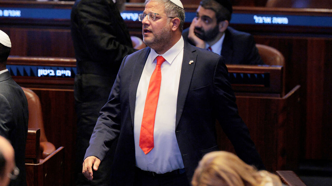 FILE PHOTO: Israeli politician Itamar Ben-Gvir walks inside the Knesset, on the day U.S. President Donald Trump delivers remarks, in Jerusalem, October 13, 2025.  Chip Somodevilla/Pool via REUTERS/ File Photo