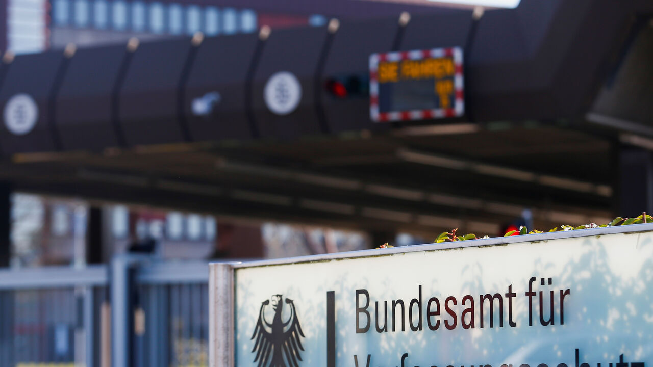 FILE PHOTO: A sign on the entrance of Germany's Federal Office for the Protection of the Constitution (Bundesamt fuer Verfassungsschutz) is pictured in Cologne, Germany March 8, 2022. REUTERS/Thilo Schmuelgen/File Photo