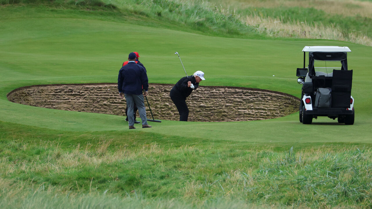 U.S. President Donald Trump golfs at Trump Turnberry resort in Turnberry, Scotland, Britain, July 27, 2025. REUTERS/Phil Noble
