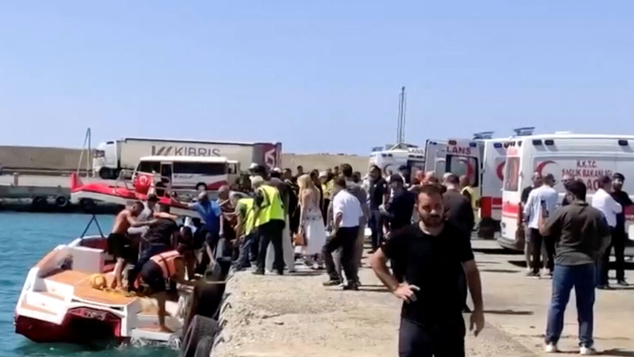 Rescue boats bring passengers to shore from capsized boat in northern Cyprus, August 30, 2026 in this screengrab taken from a video. REUTERS/Reuters TV