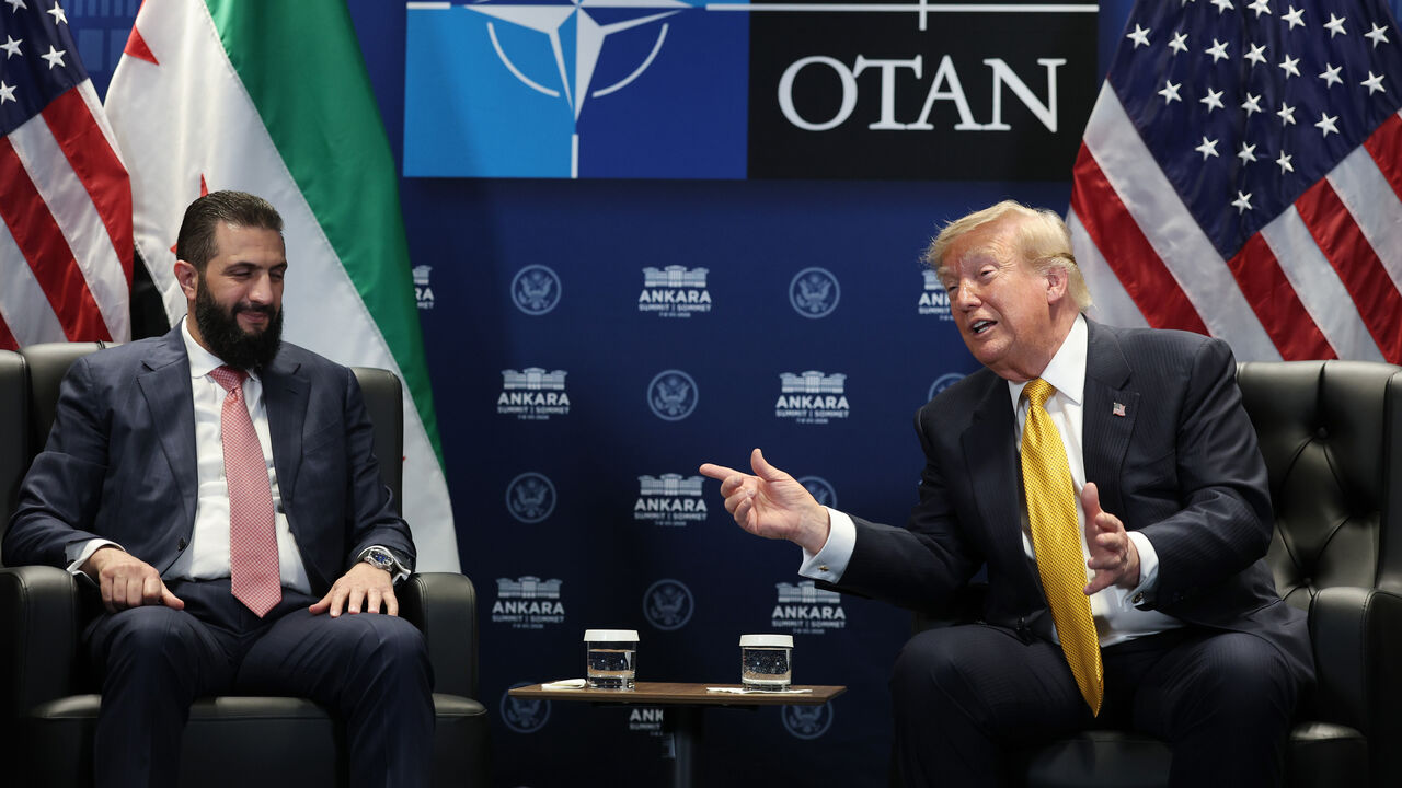 ANKARA, TURKEY - JULY 08: U.S. President Donald Trump (R) meets with Ahmed al-Sharaa, President of Syria (L) for bilateral talks at Beştepe Presidential Compound during the NATO Summit on July 08, 2026 in Ankara, Turkey. Leaders from NATO's 32 countries, plus NATO allies like Ukraine, gathered in the Turkish capital to discuss a range of issues involving spending targets, defense industrial production, and support for Ukraine, among other topics. (Photo by Win McNamee/Getty Images)