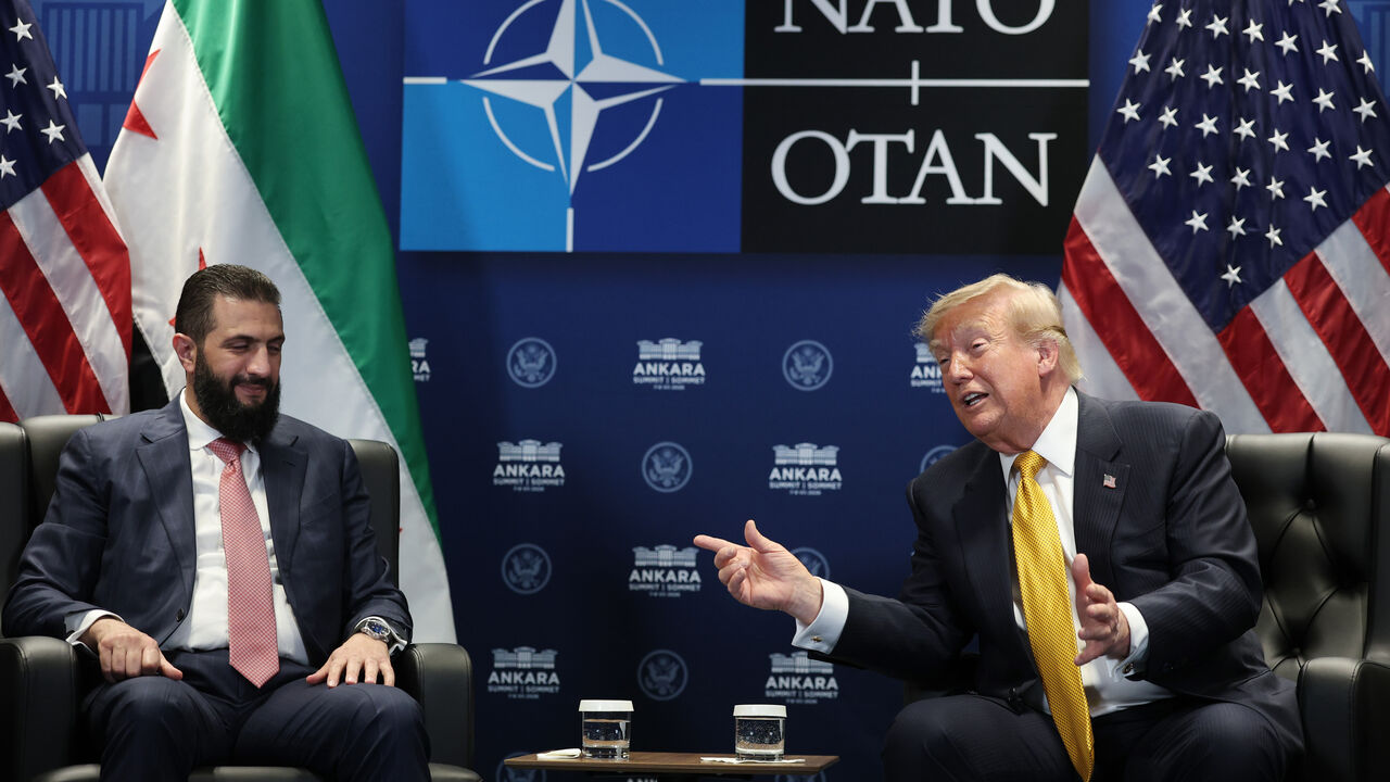ANKARA, TURKEY - JULY 08: U.S. President Donald Trump (R) meets with Ahmed al-Sharaa, President of Syria (L) for bilateral talks at Beştepe Presidential Compound during the NATO Summit on July 08, 2026 in Ankara, Turkey. Leaders from NATO's 32 countries, plus NATO allies like Ukraine, gathered in the Turkish capital to discuss a range of issues involving spending targets, defense industrial production, and support for Ukraine, among other topics. (Photo by Win McNamee/Getty Images)