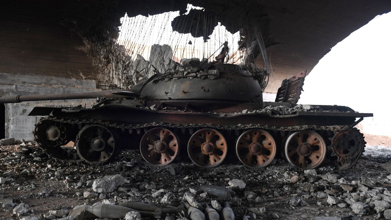 A tank is seen at the Abu Duhur military airport area in Idlib province, on Jan. 21, 2018. 