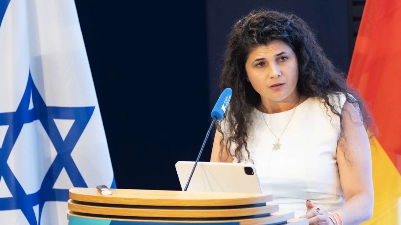 Sharren Haskel speaks at an event marking 60 years of diplomatic ties between Germany and Israel hosted by the Konrad Adenauer Foundation in Berlin, Oct. 16, 2025.