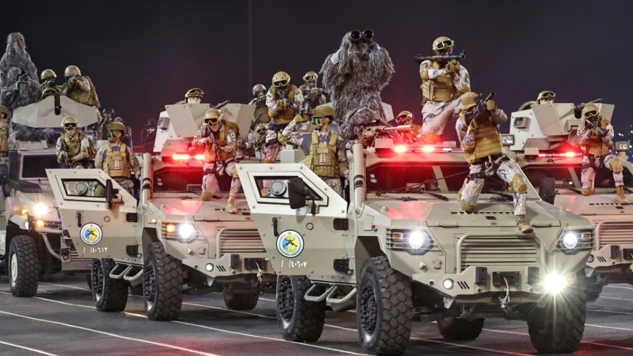 Members of the Saudi security forces take part in a military parade in Mecca in May 2026
