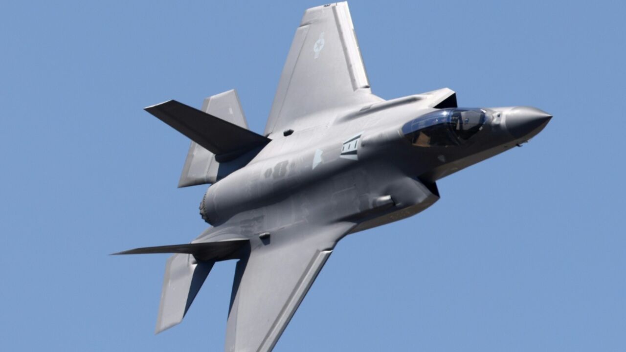 A Lockheed Martin F-35 Lightning II is flown as part of a display on the opening day of the Farnborough International Airshow 2026