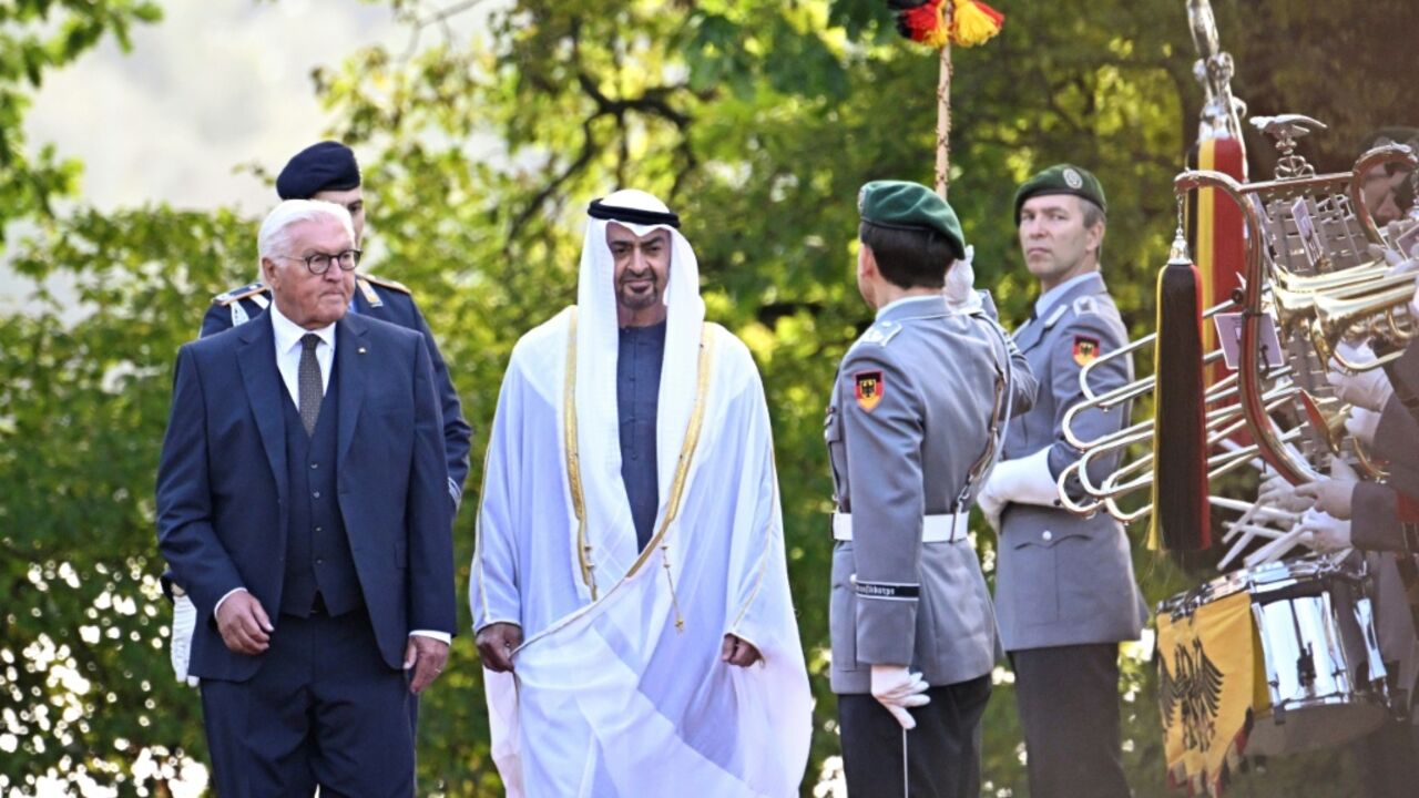 German President Frank-Walter Steinmeier and UAE President Mohamed bin Zayed Al-Nahyan reviewing a military honour guard in Berlin
