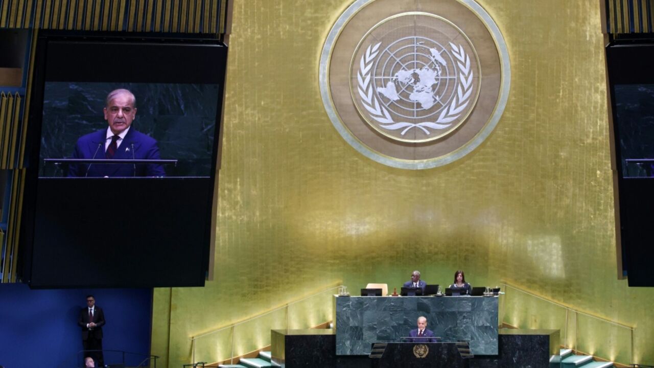 Pakistan’s Prime Minister Shehbaz Sharif speaks during the 81st United Nations General Assembly at UN headquarters in New York on September 25, 2026
