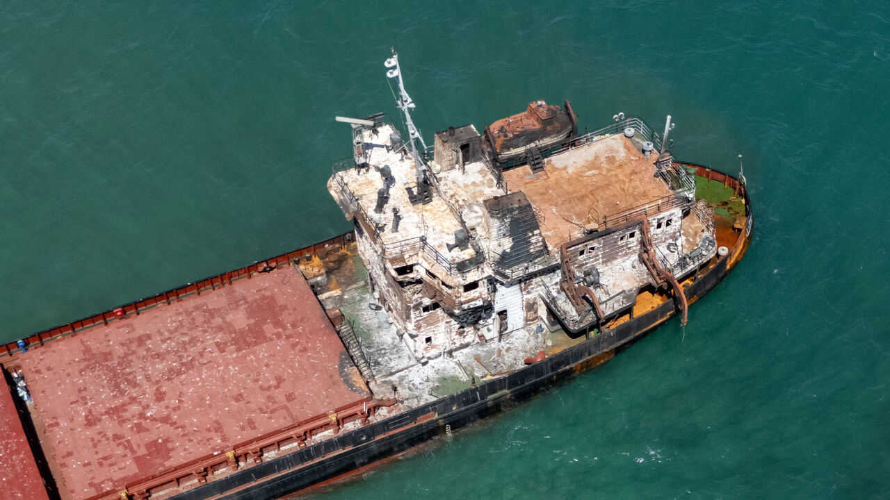A drone view shows the Russian-flagged general cargo ship Omskiy-107 aground off the coast of Sile in Istanbul, Turkey, September 1, 2026. REUTERS/Murad Sezer