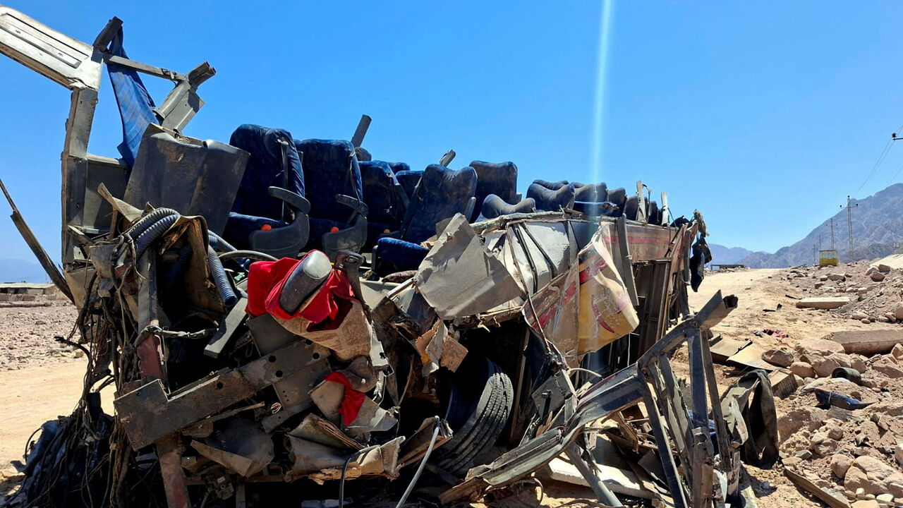 The wreckage of a bus involved in a deadly accident on Dahab-Nuweiba road in South Sinai, Egypt, September 2, 2026. Picture taken with a mobile phone. REUTERS/Stringer