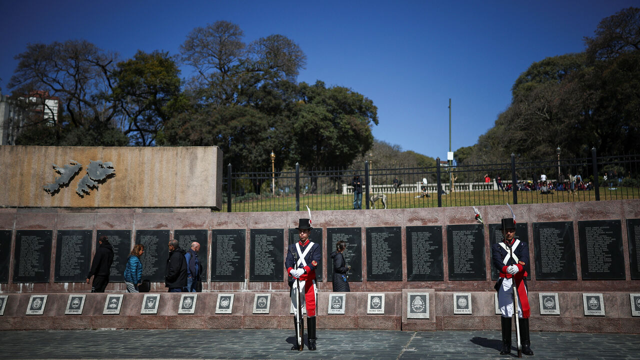 Members of the Granaderos Regiment honour guard stand at the Malvinas memorial, dedicated to those who died in the 1982 war between Britain and Argentina in the Falkland Islands, known to Argentines as Islas Malvinas, in Buenos Aires, Argentina, September 4, 2026. REUTERS/Agustin Marcarian