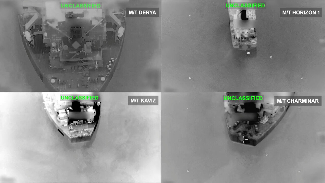 Iranian crude oil carriers before being struck, which U.S. Central Command says it targeted after attempted Iranian missile attacks on a U.S. Navy warship over the past two days, at an unknown location in this still image taken from video released September 8, 2026.   U.S. Central Command/Handout via REUTERS