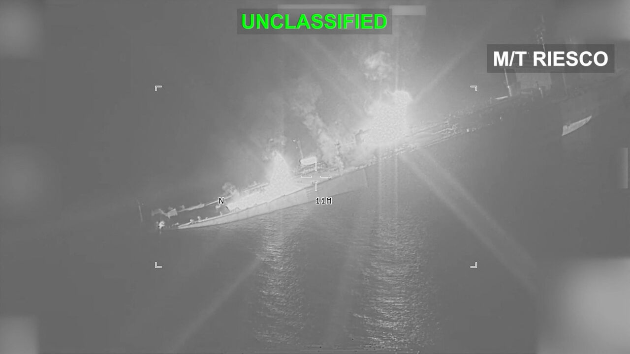 An Iranian crude oil carrier identified as M/T Riesco burns as it sinks after being struck, which U.S. Central Command says it targeted after attempted Iranian missile attacks on a U.S. Navy warship over the past two days, at a location given as the Gulf of Oman, in this still image taken from video released September 8, 2026.   U.S. Central Command/Handout via REUTERS