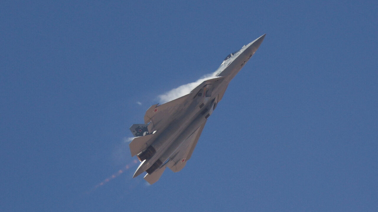 A Russian Sukhoi Su-57 stealth fighter jet on display during the second International Air Show and Aerospace Expo at El Alamein International Airport in El Alamein, Egypt, September 9, 2026. Egypt is hosting the event from September 8 to 10, 2026, with more than 100 aircraft expected to participate in flying and static displays. REUTERS/Amr Abdallah Dalsh