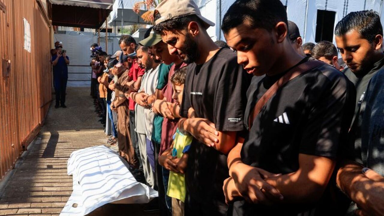 Funeral of Palestinian Raafat Zamar, who was killed in an Israeli strike on on his tent on Monday, according to medics, in Khan Younis