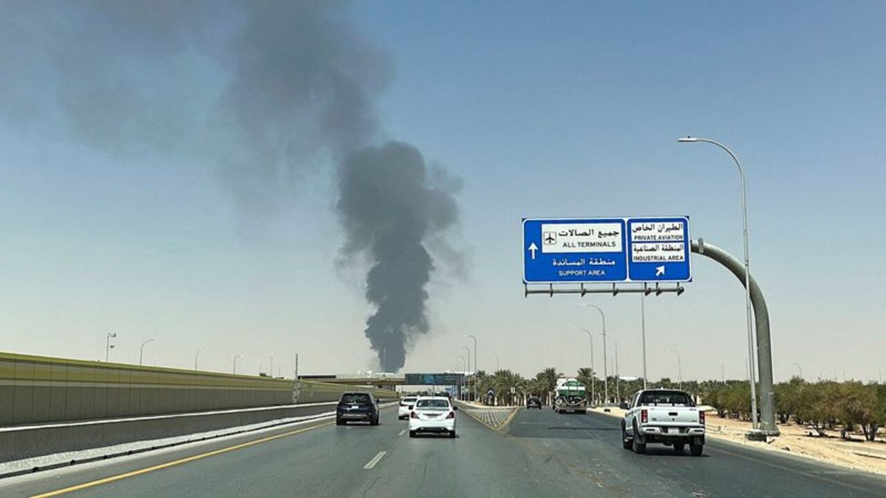 Large plume of black smoke rises from the fuel storage depot at King Khalid International Airport, in Riyadh