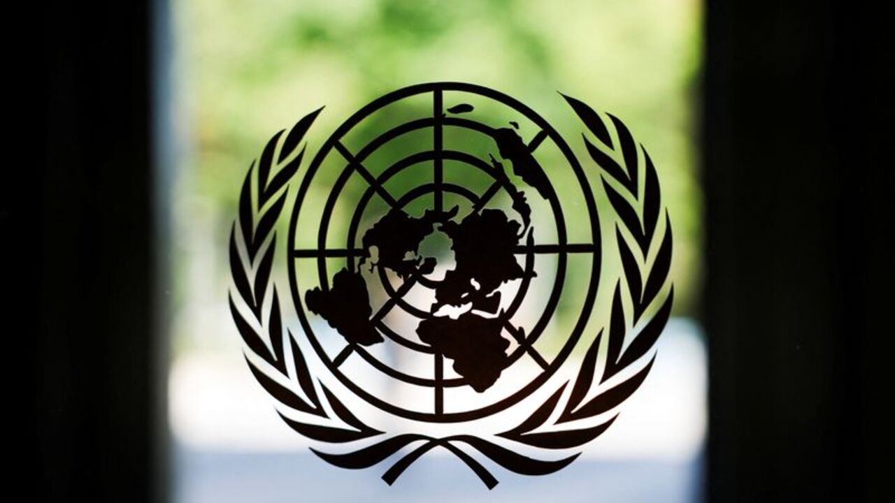 The United Nations logo adorns a window at U.N. headquarters in New York City
