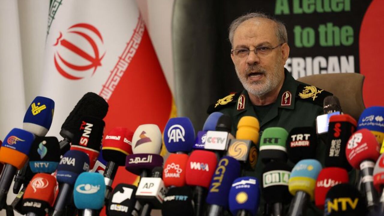 IRGC spokesperson Hossein Mohebbi speaks during a press conference in Tehran