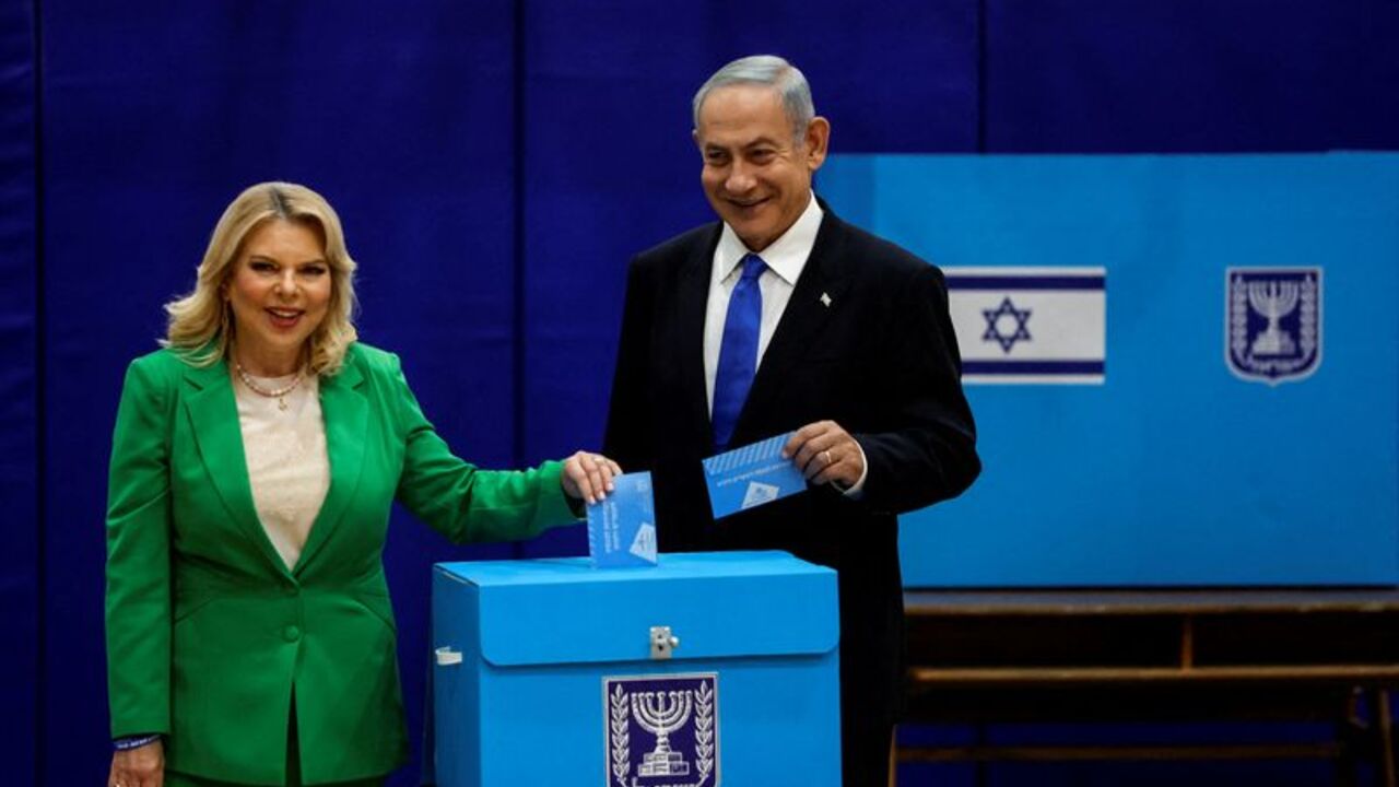 FILE PHOTO: Former Israeli Prime Minister Netanyahu casts his ballot on the day of Israel's general election in a polling station in Jerusalem