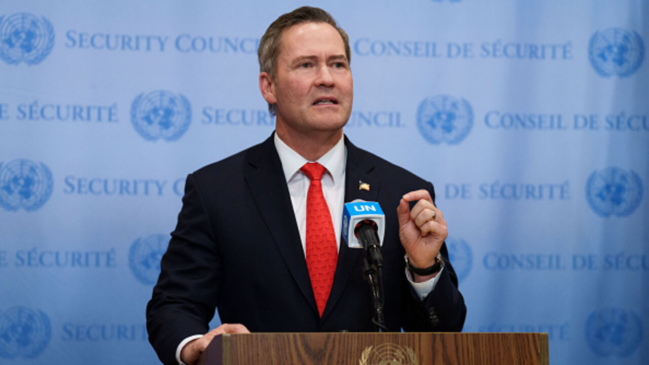 NEW YORK, NEW YORK - NOVEMBER 17: U.S. Ambassador to the United Nations Mike Waltz speaks to the media on November 17, 2025 in New York City. The United Nations Security Council is expected to vote on a draft resolution authored by the US that welcomes the establishment of a Board of Peace (BoP) as a "transitional governance administration" in Gaza and authorizes the BoP to establish a temporary International Stabilization Force (ISF) in the region. (Photo by Adam Gray/Getty Images)