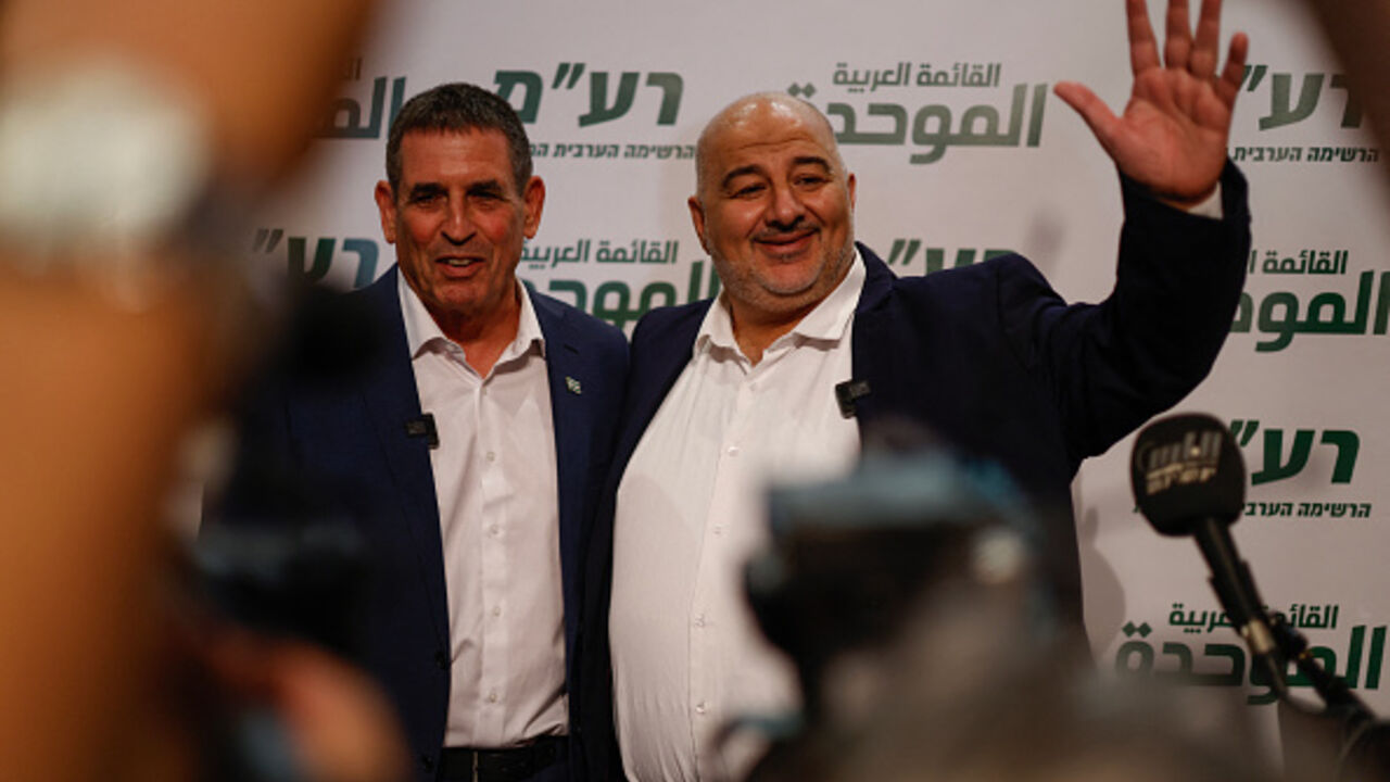 Leader of the Arab Israeli party Ra'am (United Arab List) Mansour Abbas (R) and Israeli politician Yoav Segalovitz (L) attend a news conference in Nazareth on August 31, 2026. Abbas announced that Segalovitz, an Israeli Jew, will join his party for the upcoming Israeli elections. (Photo by Jalaa MAREY / AFP via Getty Images)