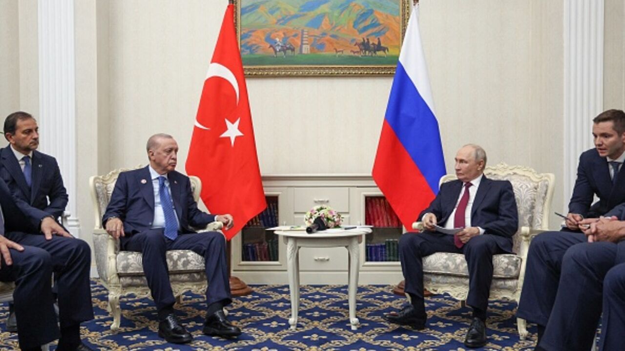 In this pool photograph distributed by the Russian state agency Sputnik, Russia's President Vladimir Putin and Turkey's President Recep Tayyip Erdogan hold a meeting on the sidelines of the Shanghai Cooperation Organisation (SCO) summit in Bishkek on September 1, 2026. (Photo by Kristina Solovyova / POOL / AFP via Getty Images)