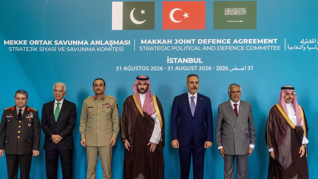 Turkish Foreign Minister Hakan Fidan (3rd R) with Saudi Foreign Minister Faisal bin Farhan Al-Saud (R) and Pakistan Foreign Minister Ishaq Dar (2nd R), Saudi Defense Minister Prince Khalid bin Salman (C), Turkish Chief of the General Staff General Selcuk Bayraktaroglu (L), Pakistani Defence Minister Khawaja Muhammad Asif (2nd R), Pakistani Chief of Defence Forces and Chief of Army Staff Field Marshal Asim Munir (3rd R) at the first meeting of the Strategic Political and Defence Committee in relation to the 