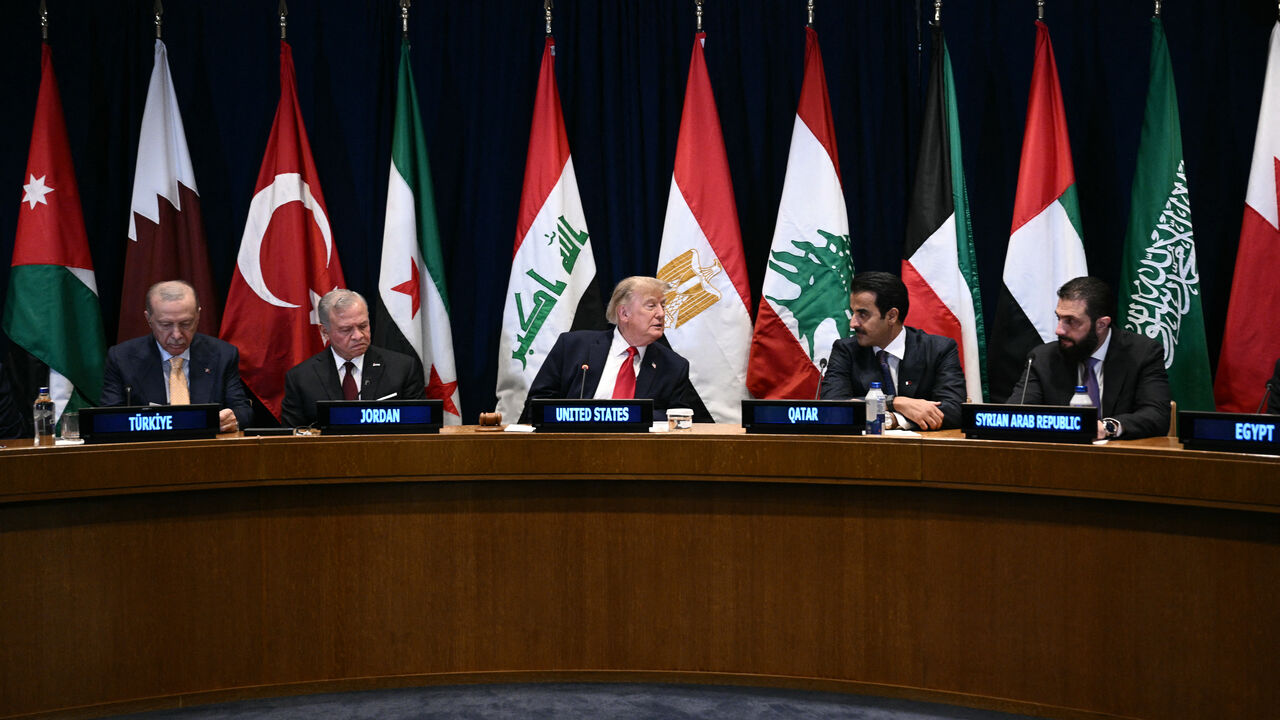 US President Donald Trump (C) attends a Gulf Cooperation Council (GCC) multilateral meeting alongside alongside (L/R) Turkey's President Recep Tayyip Erdogan, King Abdullah II of Jordan, Qatar's Emir Sheikh Tamim bin Hamad al-Thani and Syrian President Ahmed al-Sharaa on the sidelines of the 81st United Nations General Assembly in New York on Sept. 22, 2026.