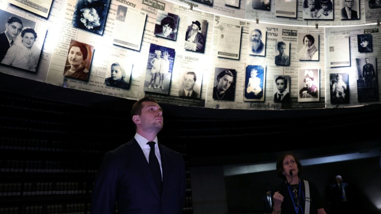 Fraench National Rally (RN) leader Jordan Bardella visits the Yad Vashem Holocaust Memorial in Jerusalem on March 26, 2025