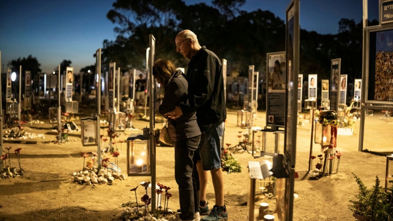 Mourners gather at the site of the Nova music festival in Re'im, southern Israel to mark the third anniversary of Hamas's October 7, 2023 attack