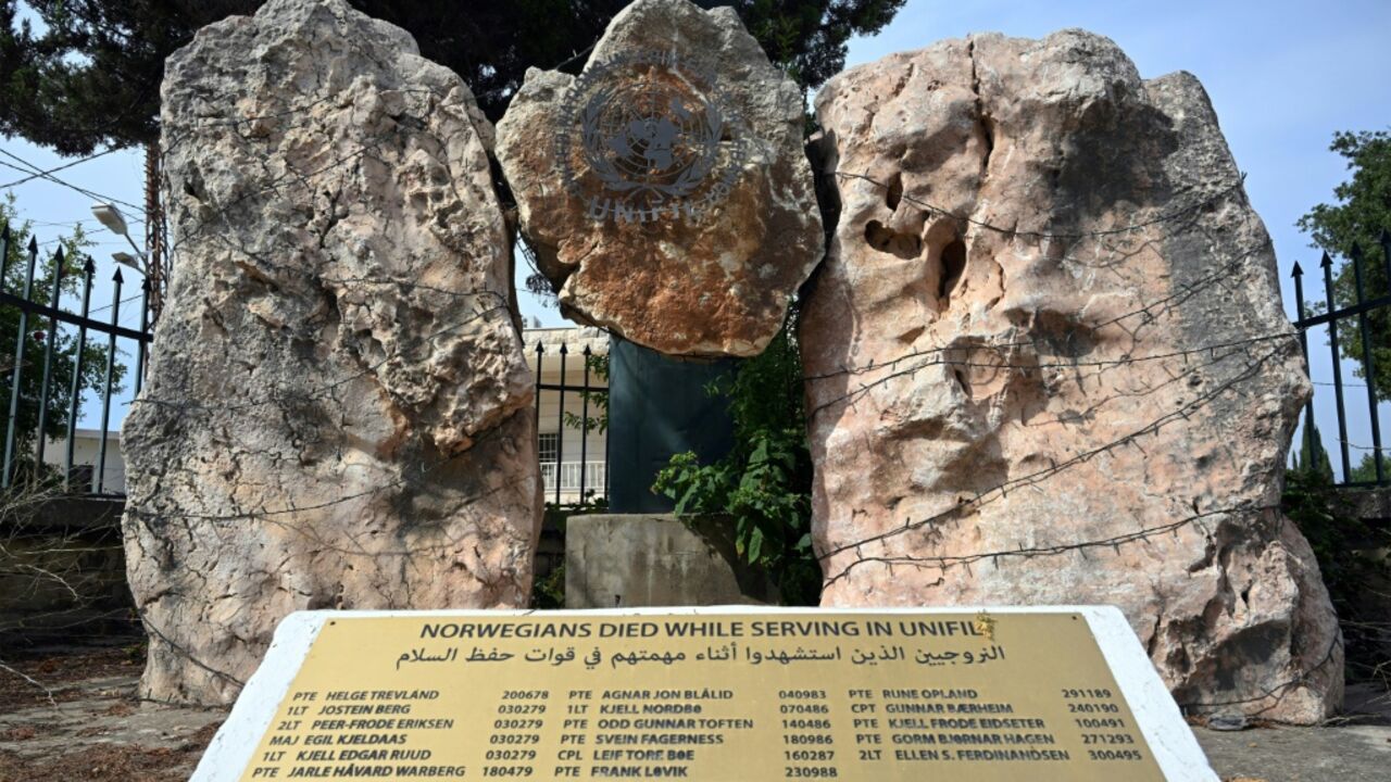 A memorial to fallen Norwegian UNIFIL soldiers stands in the Garden of Norway in the Lebanese village of Ibl Al Saqi