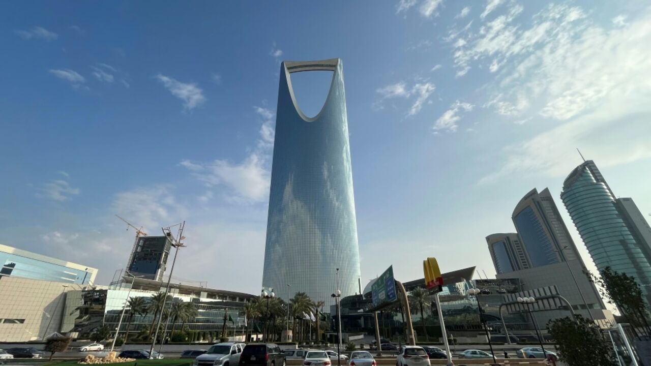 (FILES) A picture taken on January 14, 2023, shows the Kingdom Centre tower in the Saudi capital Riyadh