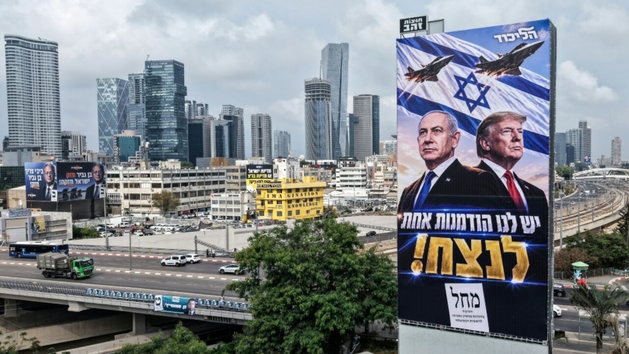 A campaign billboard in Tel Aviv depicts Prime Minister Benjamin Netanyahu alongside US President Donald Trump