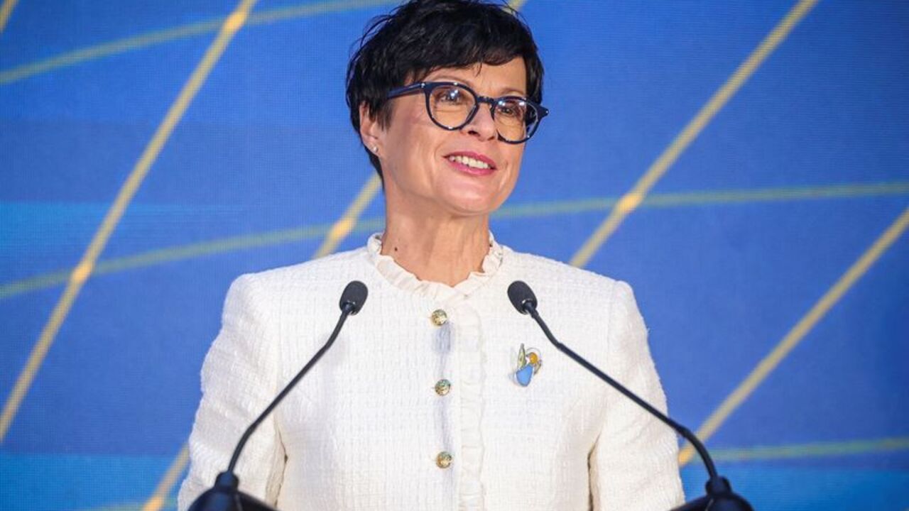 European Enlargement Commissioner Marta Kos attends a forum, in Kyiv