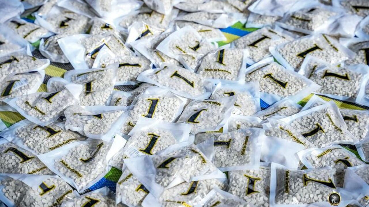 Seized narcotic pills are presented following its seizure in an operation by  Subul Al-Salam Infantry Brigade, in a location given as Kufra