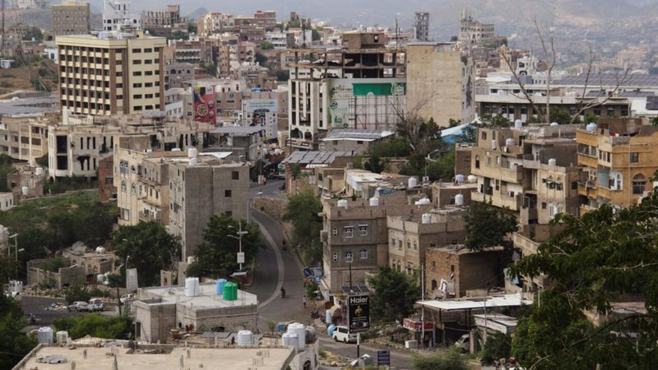 Buildings stand in the southwestern city of Taiz