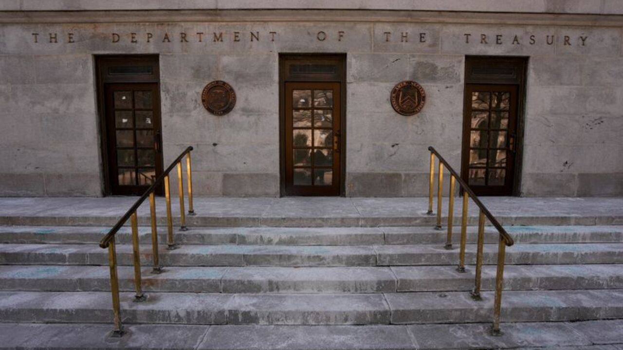 FILE PHOTO: US Department Of The Treasury on day two of a partial government shutdown in Washington
