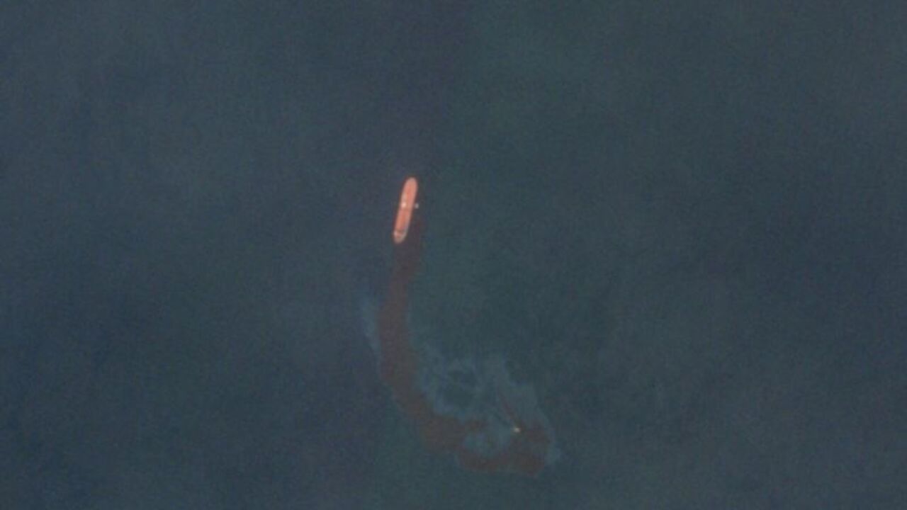 A satellite image shows an oil spill off the coast of Umm Al Quwain