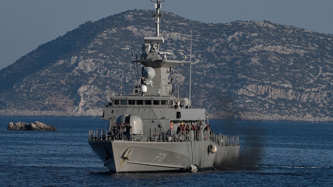 The Hellenic Navy Roussen or Super Vita class Fast Missile Patrol Boat P 71 HS Ritsos patrols off the tiny Greek island of Kastellorizo (Megisti), in the Dodecanese, the furthest south eastern Greek Island, 2 kilometers from the Turkish mainland, on Aug. 28, 2020.