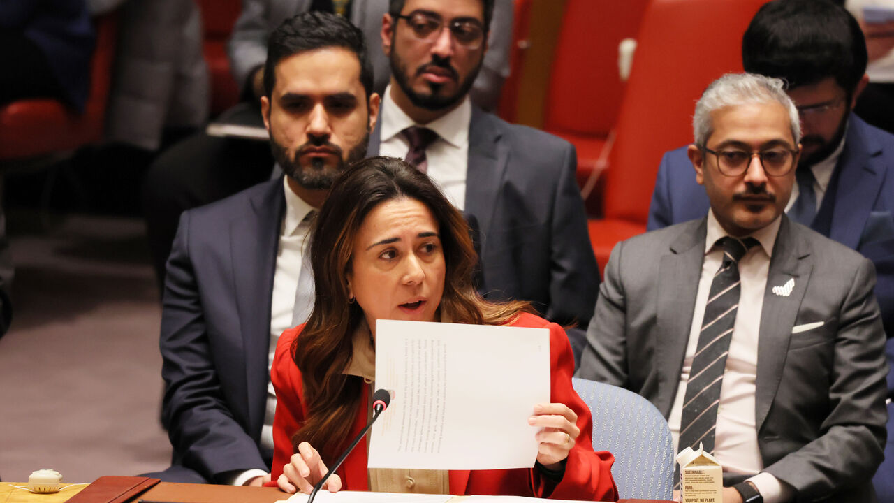 NEW YORK, NEW YORK - FEBRUARY 23: Permanent Representative of the UAE to the United Nations Ambassador Lana Nusseibeh speaks during a meeting on February 23, 2023 at U.N. Headquarters in New York City. The Security Council met to discuss international peace and security issues. The General Assembly continues its Eleventh Emergency Special Session on Ukraine to resume introductions on a new draft resolution and two proposed amendments on the eve of the one year anniversary of the start of the war in Ukraine.