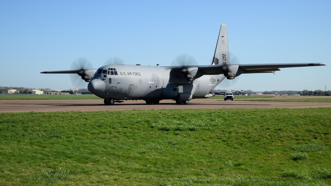 A Lockheed Martin C-130J-30 Hercules taxis before take-off from RAF Fairford on March 18, 2026 in Fairford, England.