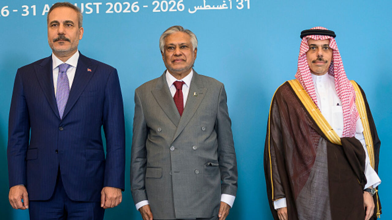Turkey's Foreign Minister Hakan Fidan, Pakistan's Foreign Minister Ishaq Dar and Saudi Arabia's Foreign Minister Faisal bin Farhan attend the inaugural meeting of the Strategic Political and Defense Committee, in Istanbul on August 31, 2026. (Yasin AKGUL / AFP via Getty Images)