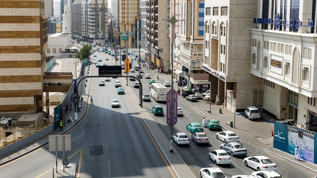 Vehicles move along a main street in Saudi Arabia's holy city of Mecca on Sept. 16, 2026. 