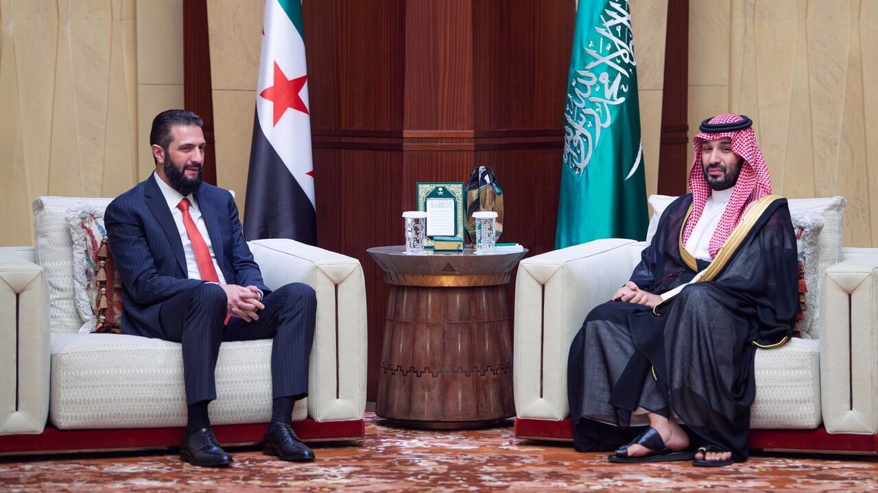 Saudi Crown Prince Mohammed bin Salman meets with Syrian President Ahmed al-Sharaa in Riyadh, Oct. 6, 2026.